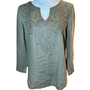 Edward Irish Linen Embroidered Olive Green Women's Top